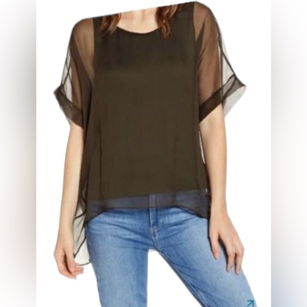 NEW Bailey 44 Habitat Layered Silk Short Sleeve Blouse LG Whimsigoth Flowy Sheer